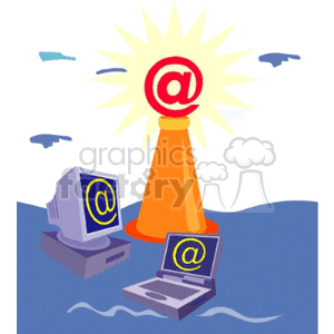 Clipart image featuring a glowing '@' symbol atop a lighthouse, with a desktop computer and a laptop both displaying '@' symbols on their screens, set against a backdrop of blue waves and sky.
