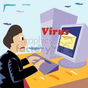 Clipart image of a worried person at a computer with an email icon on the screen and the word 'Virus' indicating a computer virus alert.