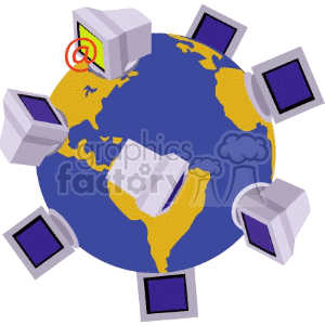 Clipart image of a globe with computer monitors surrounding it, symbolizing global communication or the internet.