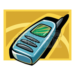 A retro-style clipart image of a blue cell phone with an antenna, set against a yellow background.