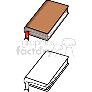 Clipart image of two books, one colored brown with a red bookmark, and one outlined for coloring.