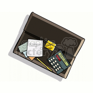 Clipart image of an open briefcase containing documents, a calculator displaying numbers, a pencil, and sticky notes.