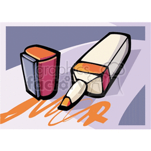 A clipart image of a colorful orange marker with its cap off, placed next to the cap. The marker is shown making an orange stroke on a surface.