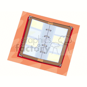 Clipart image of an open binder with ring binders and empty pages on an orange background.