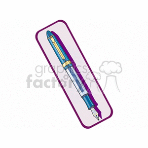 Illustration of a fountain pen with a blue and gold design inside a purple-bordered rectangle.