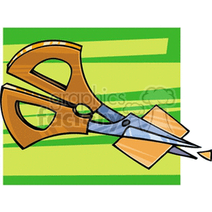 Colorful clipart image of a pair of scissors cutting a piece of paper on a green background.