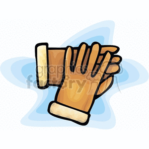 A clipart image of a pair of winter gloves set against a blue abstract background.