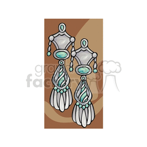 Clipart image of a pair of ornate dangling earrings with turquoise and white ornamental details.