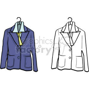 This clipart image features two suits on hangers. The left suit is illustrated in color with a blue jacket, white shirt, and yellow tie. The right suit is a black and white line drawing.