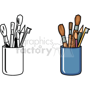 Clipart image of two containers holding art supplies such as paintbrushes, pencils, and a palette knife. One container is in black and white, while the other is in color.