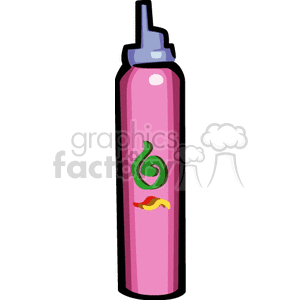 Clipart image of a pink spray bottle with a green spiral and red-yellow wave design on it.