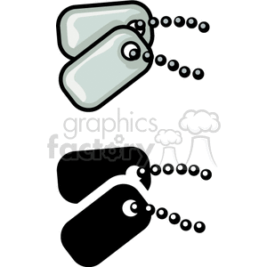 This clipart image features two pairs of dog tags, one in a gray color and the other in black. Each dog tag is illustrated with a cartoon eye, adding a playful and whimsical touch. Both dog tags are attached to a short ball chain.