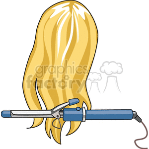 Clipart image featuring a curling iron styling long blonde hair.