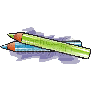 Clipart image of two colored eyeliner pencils, one green and one blue, lying crossed on a purple shadow.