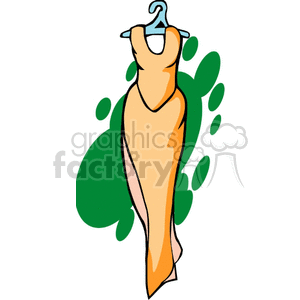 Clipart image of a long, elegant, orange dress hanging on a blue hanger with a green abstract background.