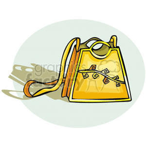 A colorful clipart image of a stylish yellow handbag with a shoulder strap and decorative patterns on its front.