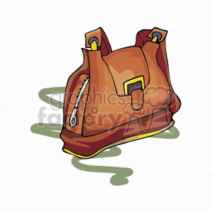 A clipart image of a brown leather handbag with a zipper pocket on the side and a buckle on the front flap.