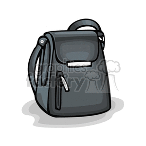 A clipart image of a black backpack with a front pocket, shoulder straps, and a top handle.