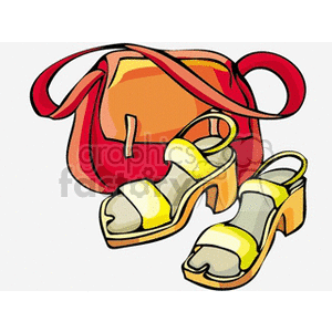 A colorful clipart image featuring a pair of yellow high-heeled sandals and a red handbag.