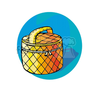 Clipart image of a yellow woven basket with a handle, set against a blue circular background. This could be used to store items in, such as jewelry 