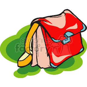 A colorful clipart image of a red school bag or handbag with blue accents, lying on a green patch.