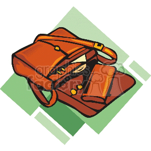A clipart image of an open brown bag with a wallet and other items inside, set against a green and white background.
