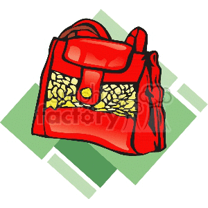 A colorful clipart image of a red handbag with yellow accents, set against a green background.