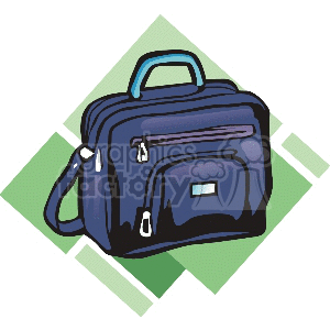 Clipart image of a blue schoolbag with a handle and zippers, set against a green diamond-shaped background.