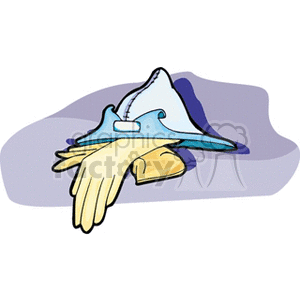 Clipart illustration of a pair of yellow gloves, and a blue hat with a pointed top.