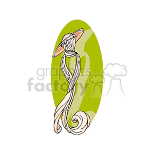 Clipart image of a stylish hat with long, flowing ribbons set against a green oval background.