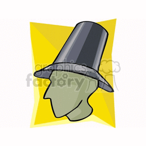 A whimsical clipart image featuring an abstract green head wearing a tall, black hat against a yellow and white background.