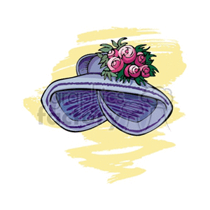 Illustration of a stylish purple hat adorned with a bouquet of pink roses on a yellow background.