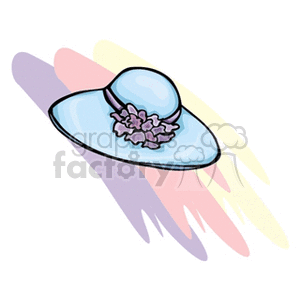 A clipart image of a light blue wide-brimmed hat adorned with light purple flowers, set against a background with pastel-colored brush strokes.
