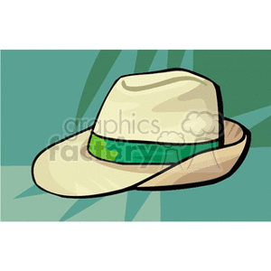Clipart image of a beige-colored hat with a green band against a green background.