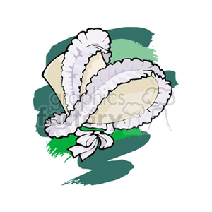 Clipart image of a bonnet with white frills, set against a green background.