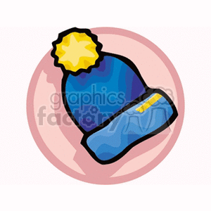 This clipart image features a blue winter beanie with a yellow pom-pom on top, set against a circular pink background.