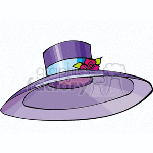Clipart image of a purple wide-brimmed hat with a blue band and a small pink flower decoration.