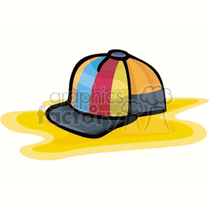 Clipart image of a colorful striped cap with a yellow circle beneath it.