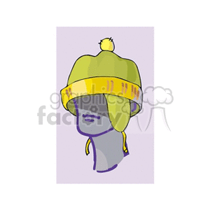 A clipart illustration of a green winter hat with a yellow band and a pom-pom on top. The hat covers the head and has ear flaps.