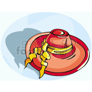 Clipart image of a red hat with a yellow ribbon against a light blue background.