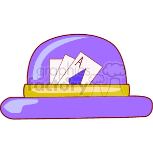 Clipart image of a purple hat with a yellow band and playing cards tucked into the band.