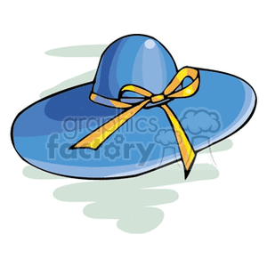 Clipart image of a blue wide-brimmed hat with a yellow ribbon tied into a bow.