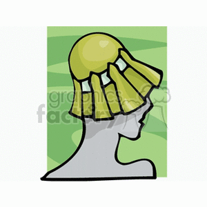A clipart image of a gray silhouette of a human head wearing a yellow, pleated hat, set against a green background.