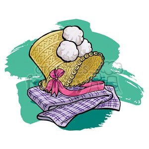 Clipart image of a decorative yellow bonnet with white pom-poms, a pink ribbon, and a folded piece of purple checkered fabric against a green brushstroke background.