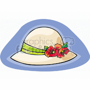 A clipart image of a sun hat with a green band and decorated with red flowers.