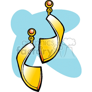 Clipart image of a pair of golden earrings with a curved design and red circular accents, set against a blue background.