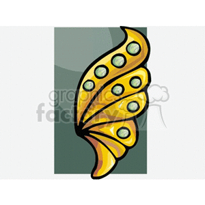 Illustration of an ornate, golden-yellow wing with green circular accents.