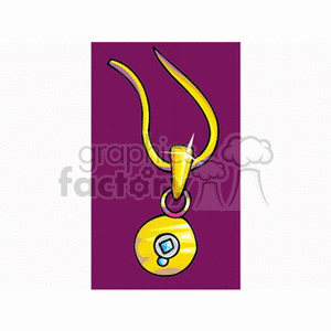 A clipart image of a shiny golden necklace with a circular pendant featuring a small blue gem, set against a purple background.