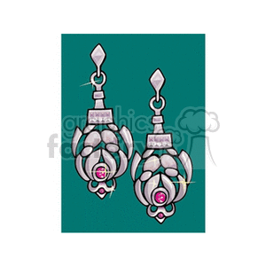 A pair of ornate, silver earrings with pink gemstones and intricate floral designs on a teal background.