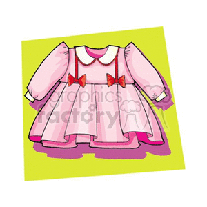 Clipart image of a pink baby dress with a yellow background. The dress features long sleeves, a white collar, and red bows on the front.